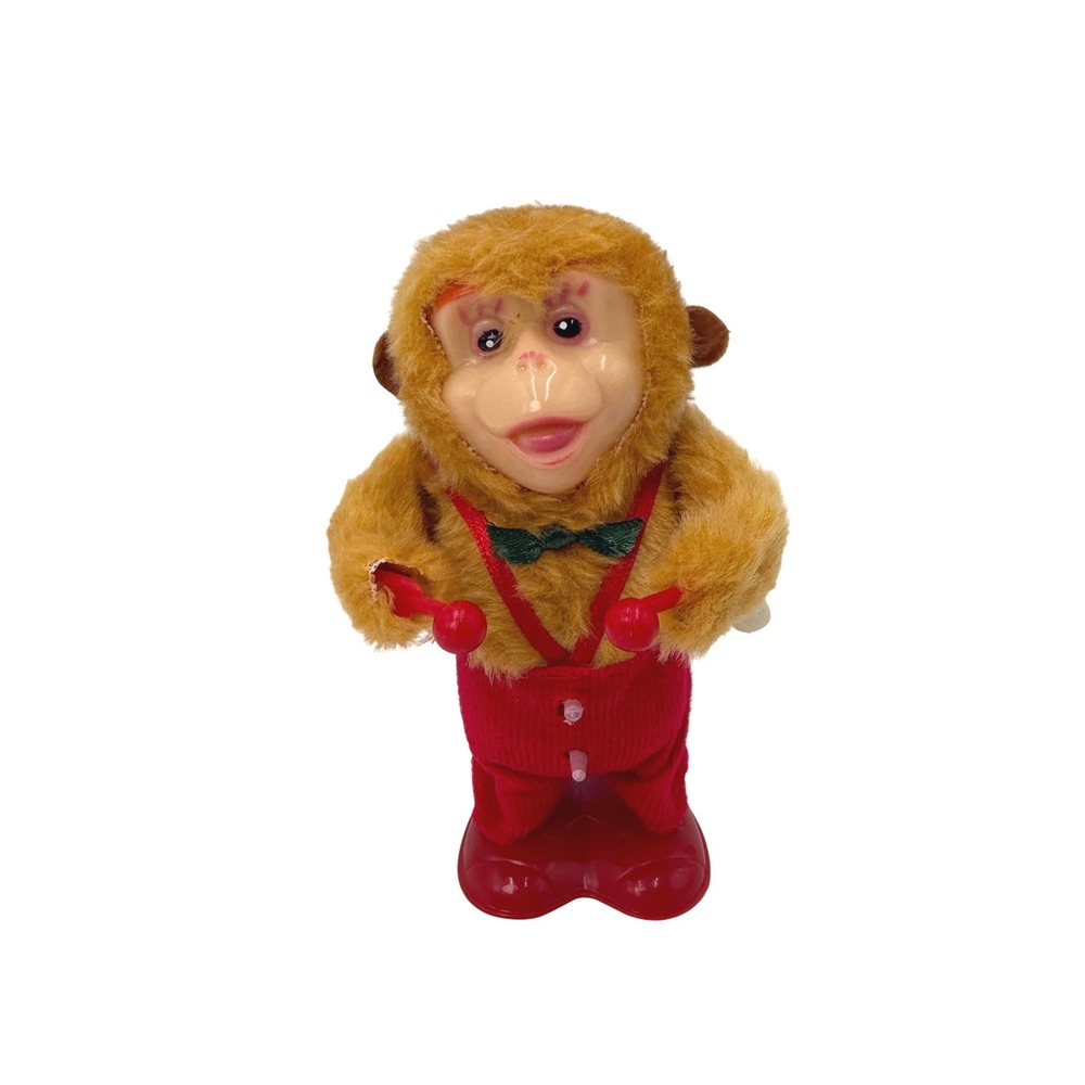 Vintage Wind Up Drumming Monkey Toy Red Overalls Brown Faux Fur Retro Japan READ